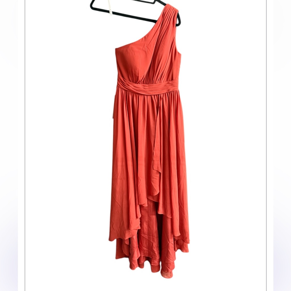 One-Shoulder Ruffled High-Low Chiffon Maxi Dress with Pockets - Rust/Terracotta - Picture 5 of 12